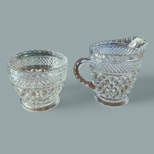 Vintage Diamond Clear Cut Glass Sugar Bowl & Creamer Round Base Starburst Bottom